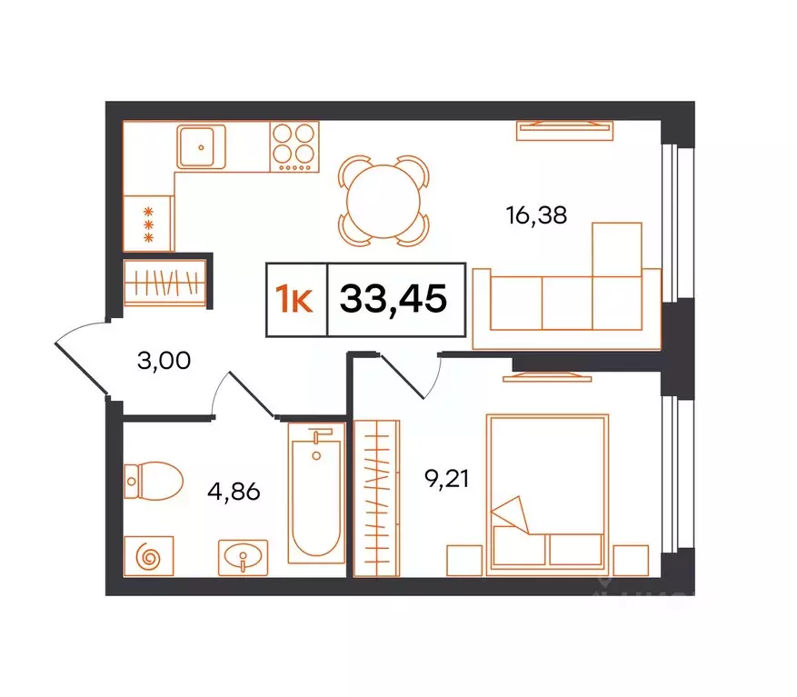1-к кв. Тюменская область, Тюмень Полевая ул., 117к12 (33.45 м) - Фото 1