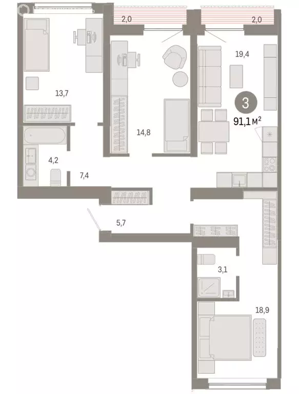 3-комнатная квартира: Новосибирск, Большевистская улица, с49 (91.06 м) - Фото 1