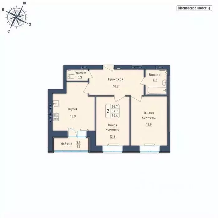 2-к кв. Орловская область, Орел Московское ш., 7Б (59.4 м) - Фото 0