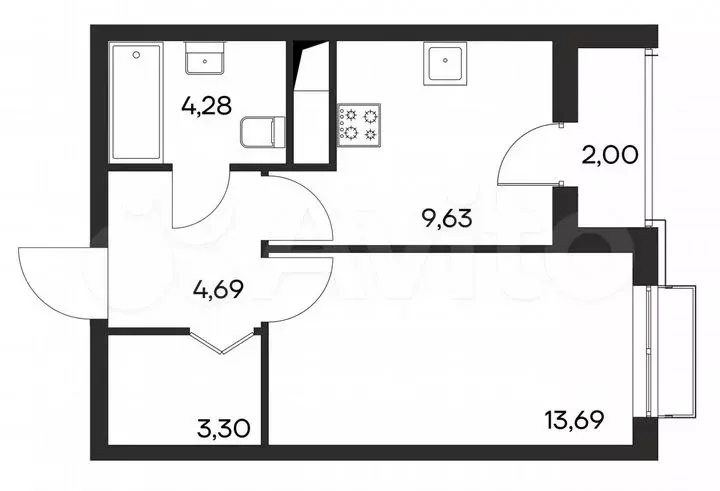 1-к. квартира, 37,6м, 4/4эт. - Фото 0