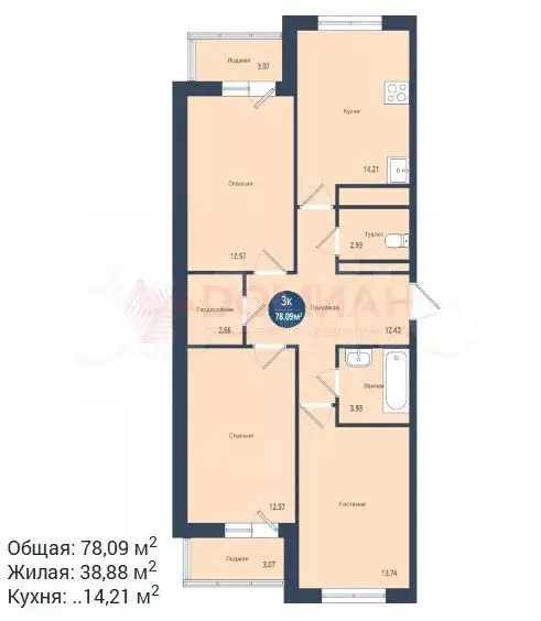 3-к. квартира, 78 м, 11/21 эт. - Фото 0