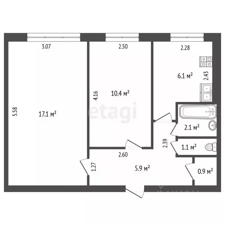 2-к кв. Томская область, Северск ул. Куйбышева, 15А (43.6 м) - Фото 1