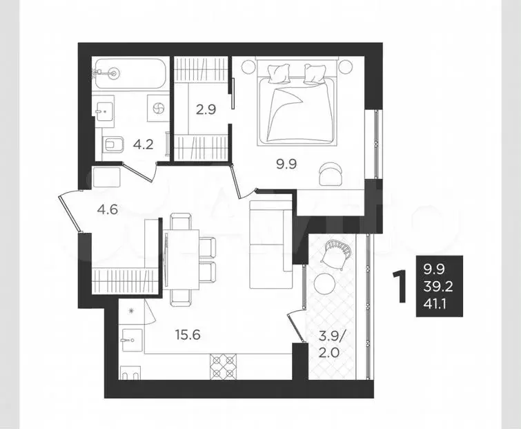 1-к. квартира, 39,2м, 2/4эт. - Фото 1