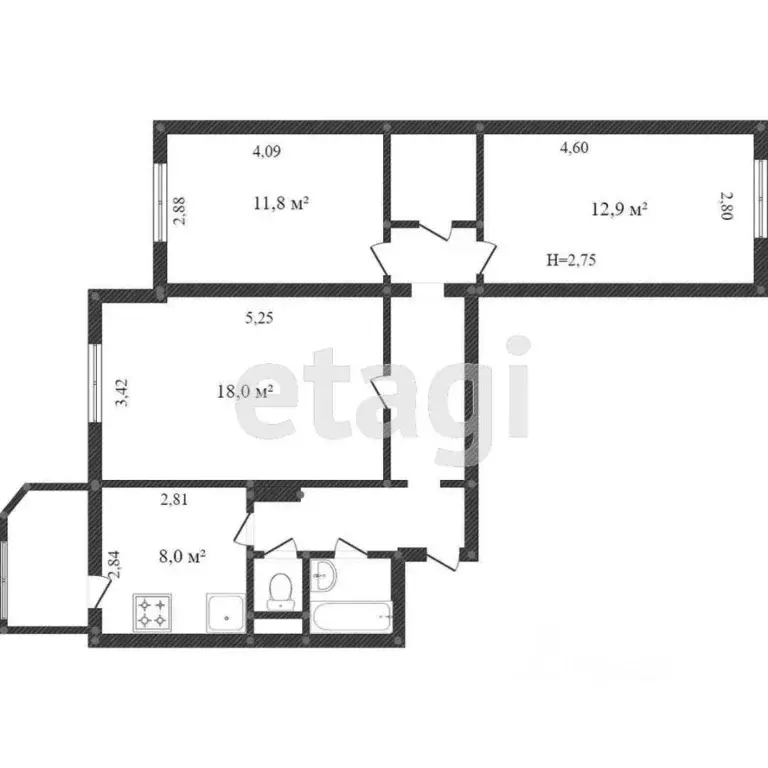 3-к кв. Ханты-Мансийский АО, Сургут Привокзальная ул., 18/4 (68.7 м) - Фото 2