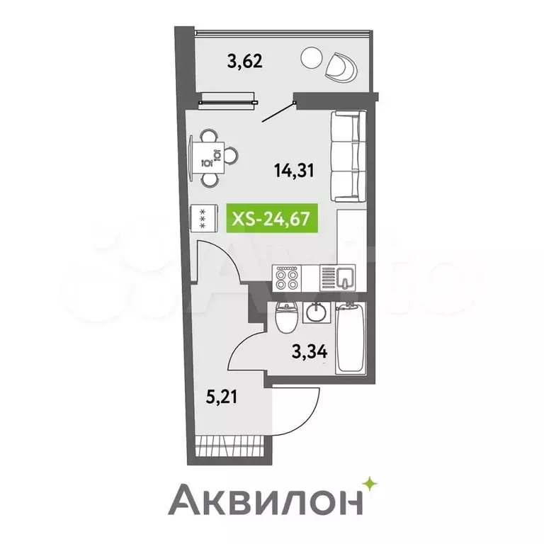 Квартира-студия, 25,1 м, 12/13 эт. - Фото 1