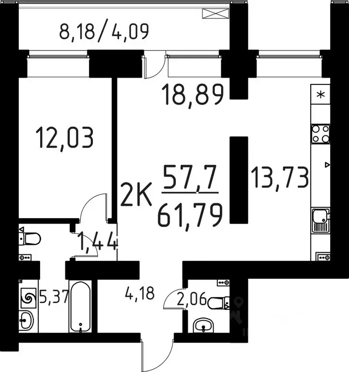 2-к кв. Томская область, Томск ул. Вершинина, 58к1 (61.79 м) - Фото 0