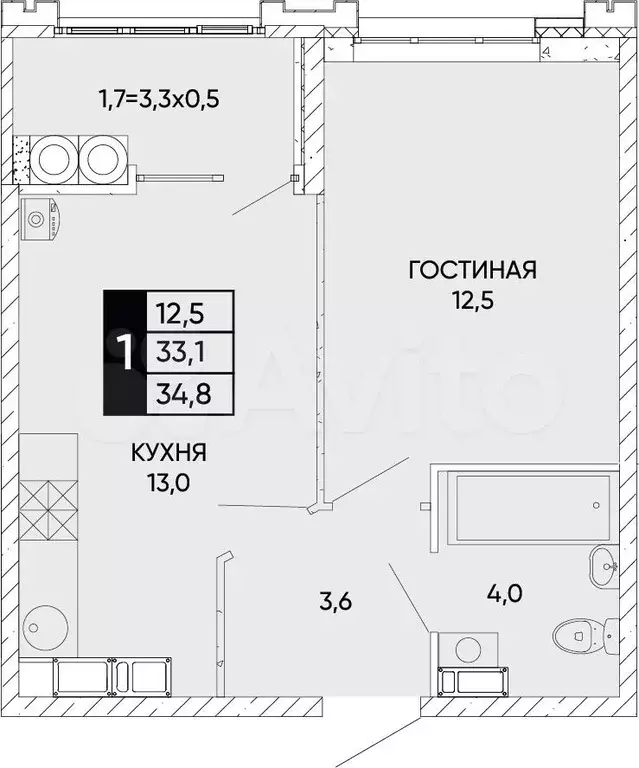 1-к. квартира, 34,8 м, 15/22 эт. - Фото 0