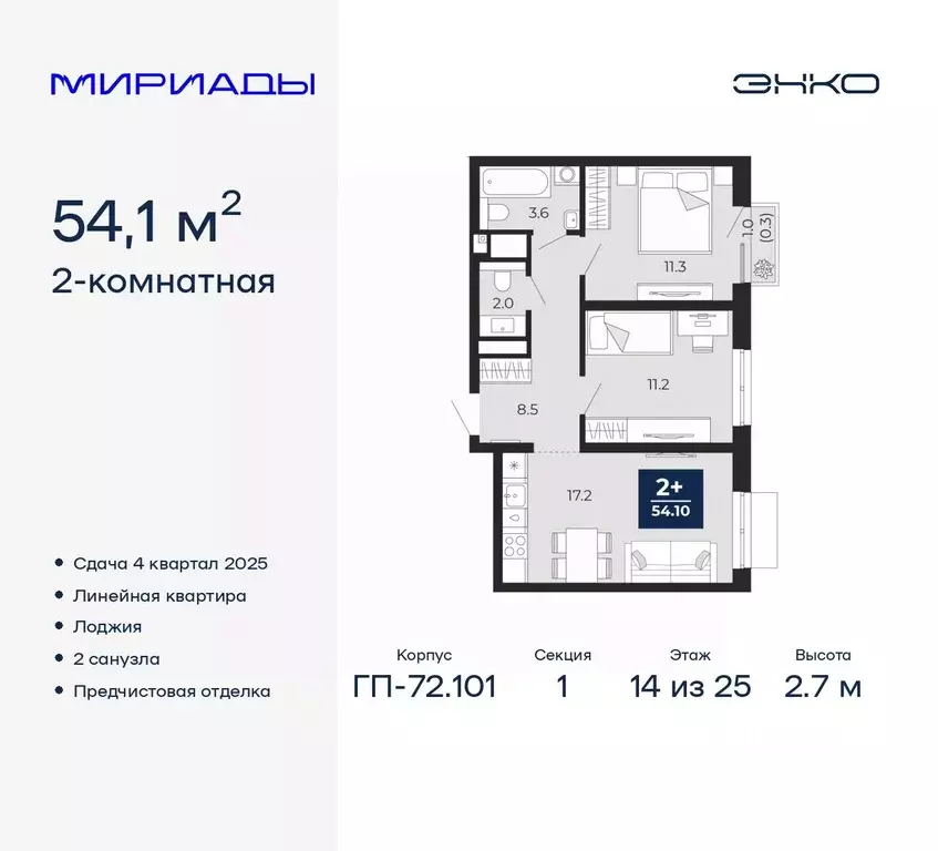 2-к кв. Тюменская область, Тюмень Мириады жилой комплекс (54.1 м) - Фото 0
