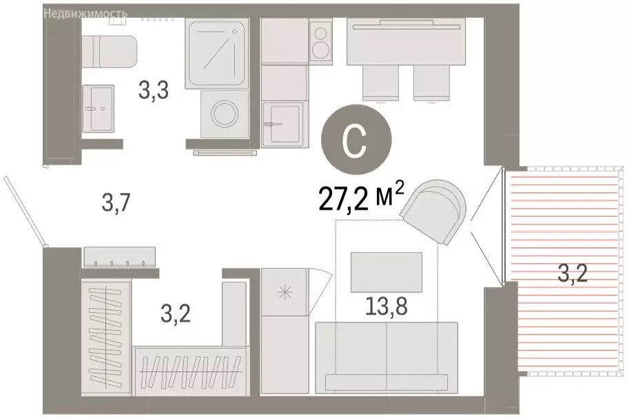 1-комнатная квартира: Тюмень, улица Республики, 205к2 (27.6 м) - Фото 2