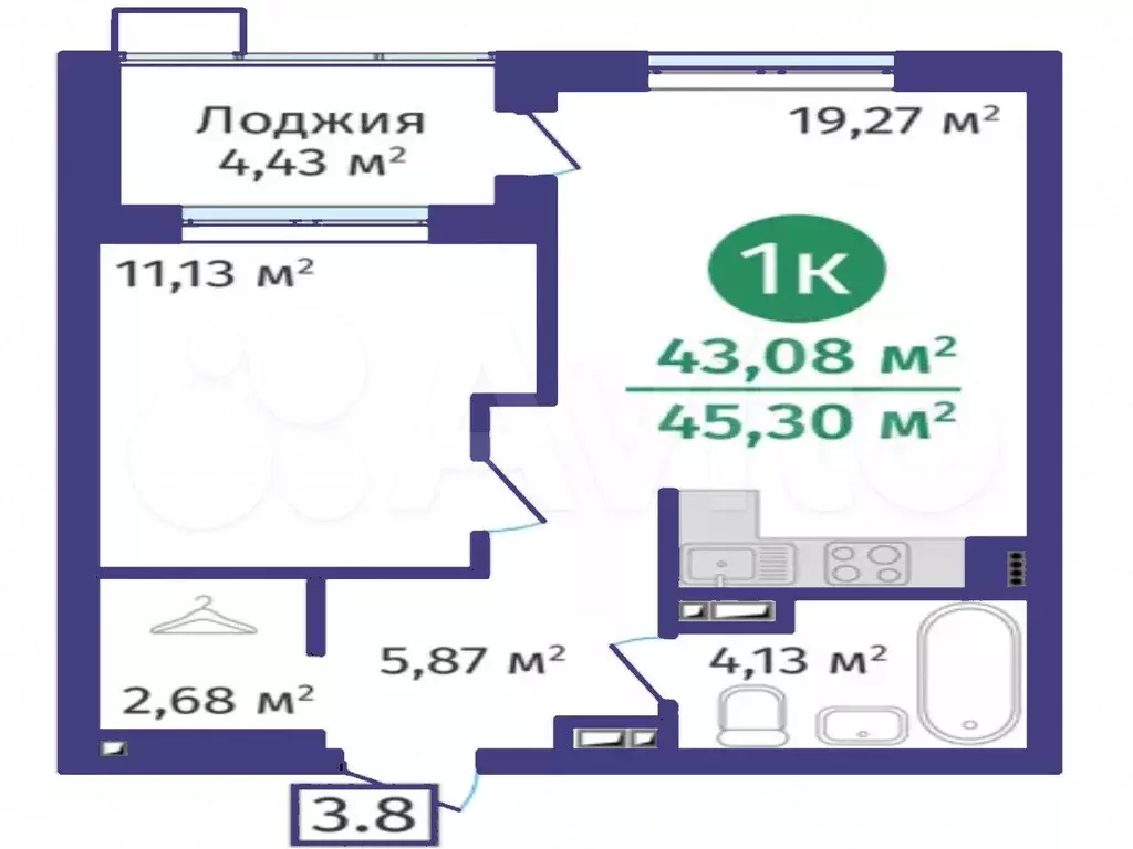 1-к. квартира, 43,1 м, 5/24 эт. - Фото 1