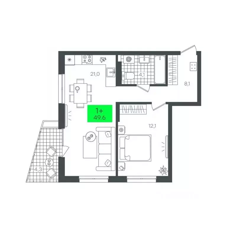 1-к кв. Тюменская область, Тюмень Комарово Парк жилрайон,  (49.6 м) - Фото 1