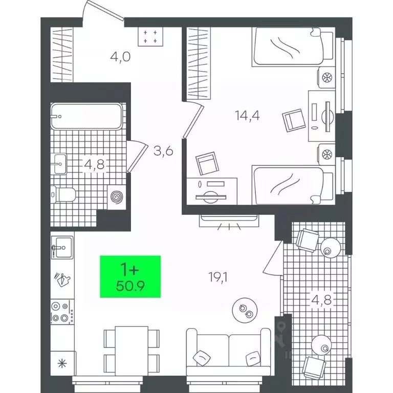 1-к кв. Тюменская область, Тюмень ул. Василия Малкова, 19 (50.95 м) - Фото 0