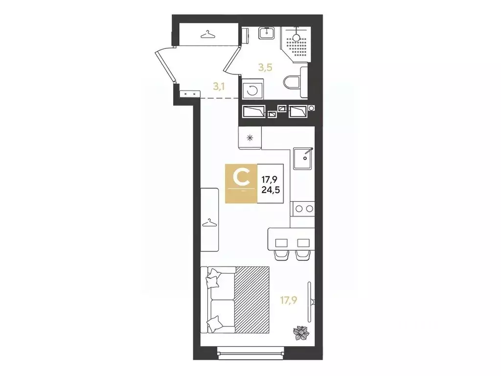 Студия Краснодарский край, Краснодар Самолет кв-л,  (24.5 м) - Фото 1