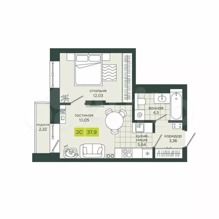 Квартира-студия, 37,9 м, 8/25 эт. - Фото 0