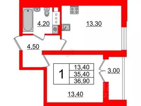 1-к кв. Санкт-Петербург ул. Дыбенко, 2 (36.9 м) - Фото 0