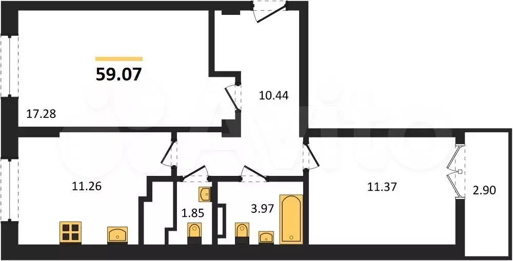 2-к. квартира, 59,1 м, 8/9 эт. - Фото 1