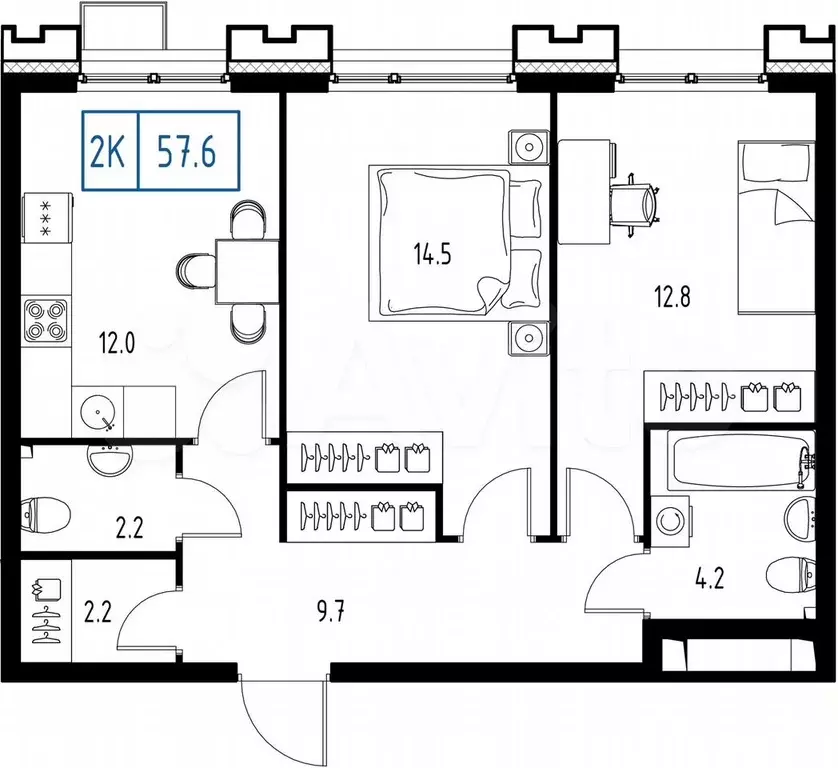 2-к. квартира, 57,6 м, 4/9 эт. - Фото 0