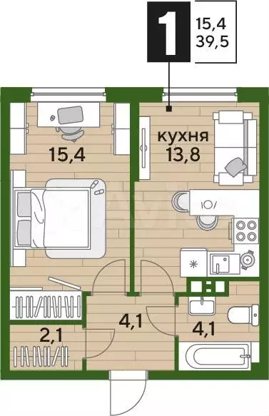 1-к. квартира, 39,5 м, 8/16 эт. - Фото 1