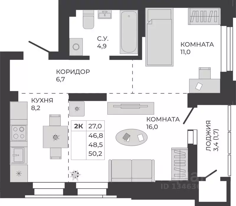 2-к кв. Алтайский край, Барнаул тракт Павловский, 251Б (48.5 м) - Фото 1