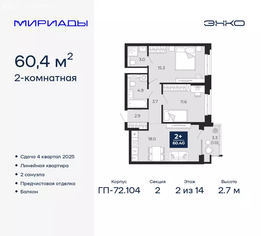 2-комнатная квартира: Тюмень, ЖК Мириады (60.4 м) - Фото 1