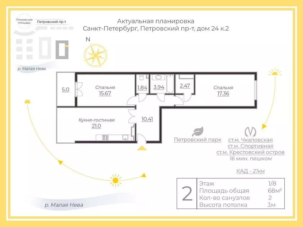 3-к кв. Санкт-Петербург Петровский просп., 24к2 (77.0 м) - Фото 1