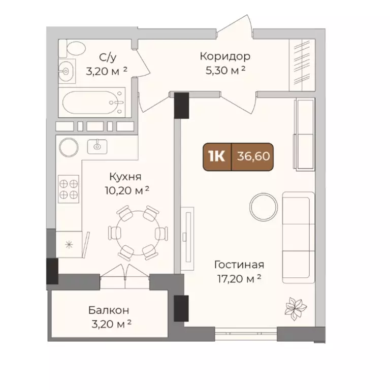 1-к квартира, 36.6 м - Фото 0