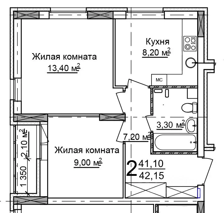 2-к кв. Нижегородская область, Нижний Новгород 52-й кв-л,  (42.15 м) - Фото 0