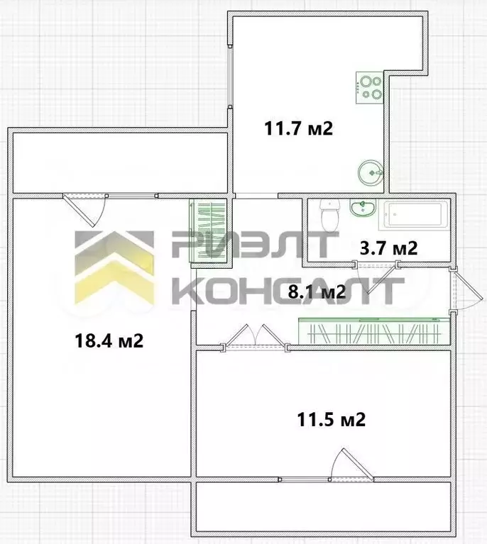 2-к. квартира, 53,4 м, 4/10 эт. - Фото 0