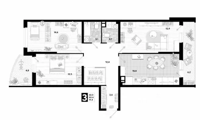 3-комнатная квартира: Краснодар, улица Ивана Беличенко, 103 (91.4 м) - Фото 1