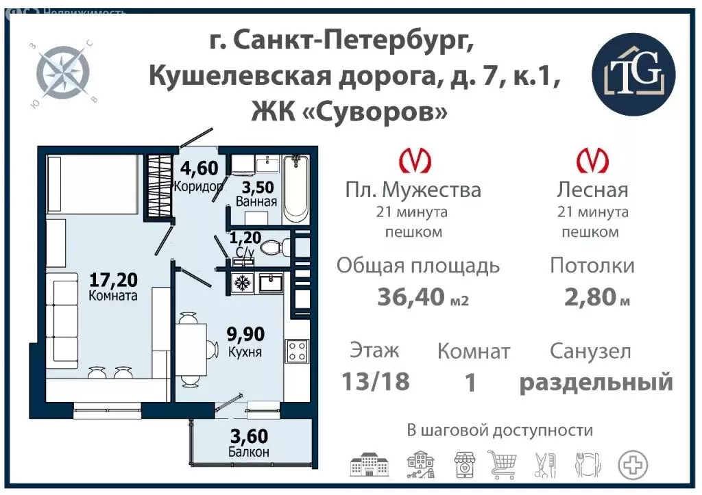 1-комнатная квартира: Санкт-Петербург, Кушелевская дорога, 7к1 (36.4 ... - Фото 1