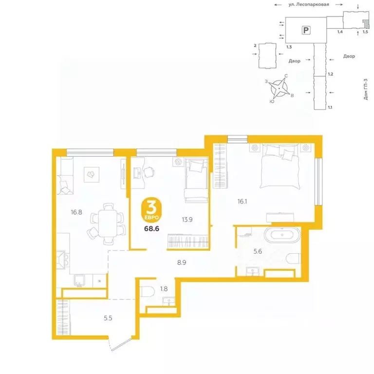 3-к кв. Тюменская область, Тюмень ул. Лесопарковая, 22 (68.6 м) - Фото 1