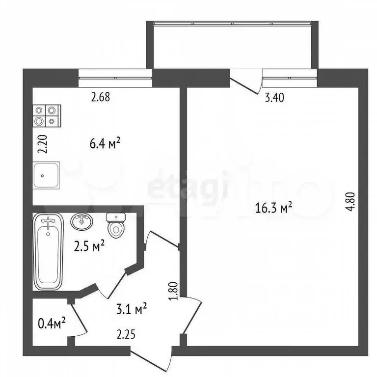 1-к. квартира, 30 м, 2/5 эт. - Фото 1