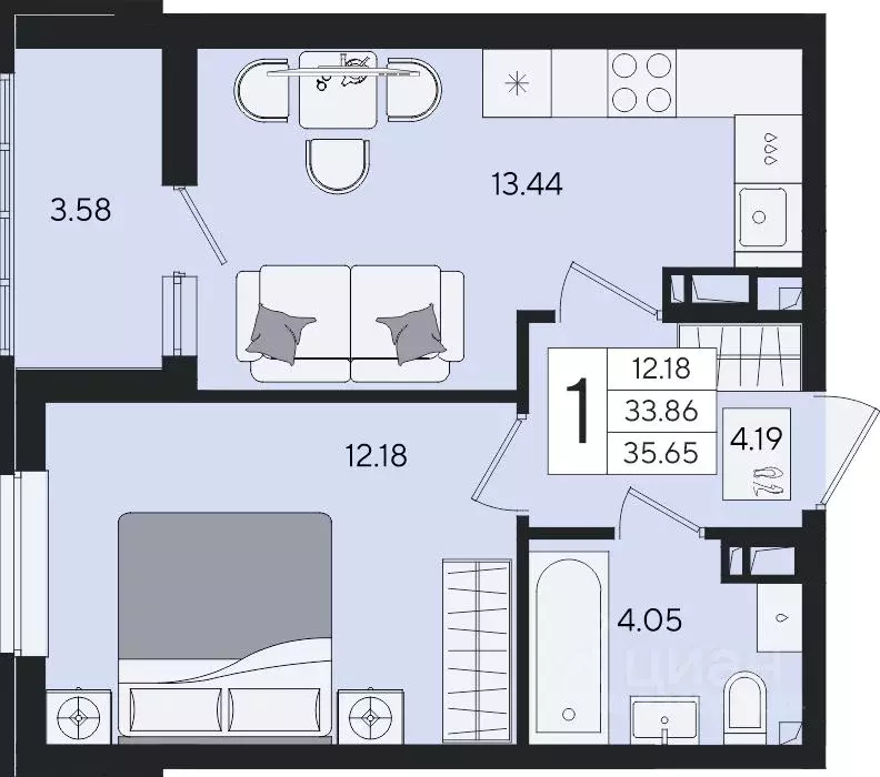 1-к кв. Краснодарский край, Краснодар  (35.65 м) - Фото 2