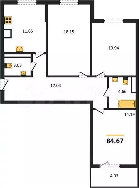 3-к. квартира, 84,7 м, 2/9 эт. - Фото 1