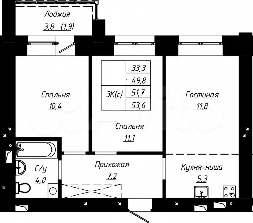 3-к. квартира, 51,7 м, 2/16 эт. - Фото 1