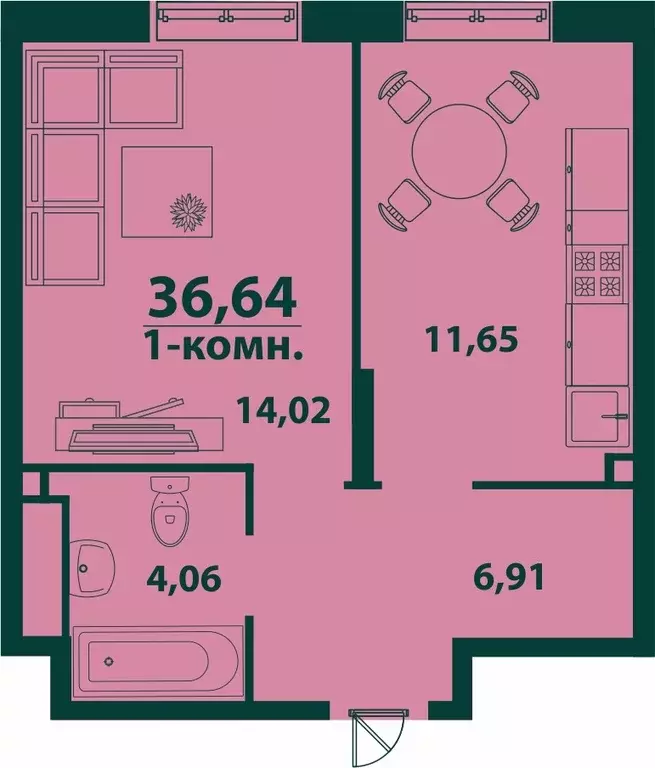 1-к квартира, 36.64 м - Фото 0