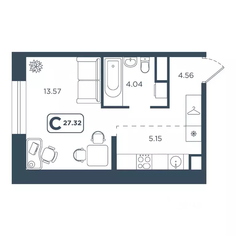 Студия Тюменская область, Тюмень Дамбовская ул., 25к1 (27.32 м) - Фото 0