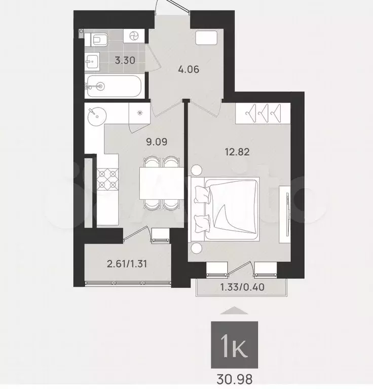 1-к. квартира, 31 м, 9/9 эт. - Фото 1