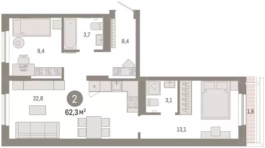2-к кв. Тюменская область, Тюмень ул. Краснооктябрьская, 4к3 (62.2 м) - Фото 2