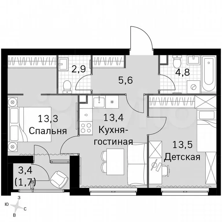 2-к. квартира, 55,2 м, 4/4 эт. - Фото 0