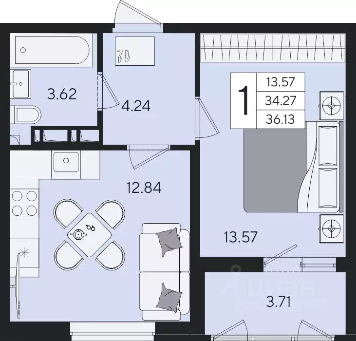 1-к кв. Краснодарский край, Краснодар  (36.13 м) - Фото 2