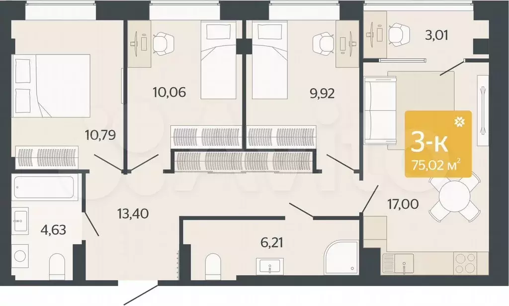 3-к. квартира, 75 м, 3/8 эт. - Фото 0