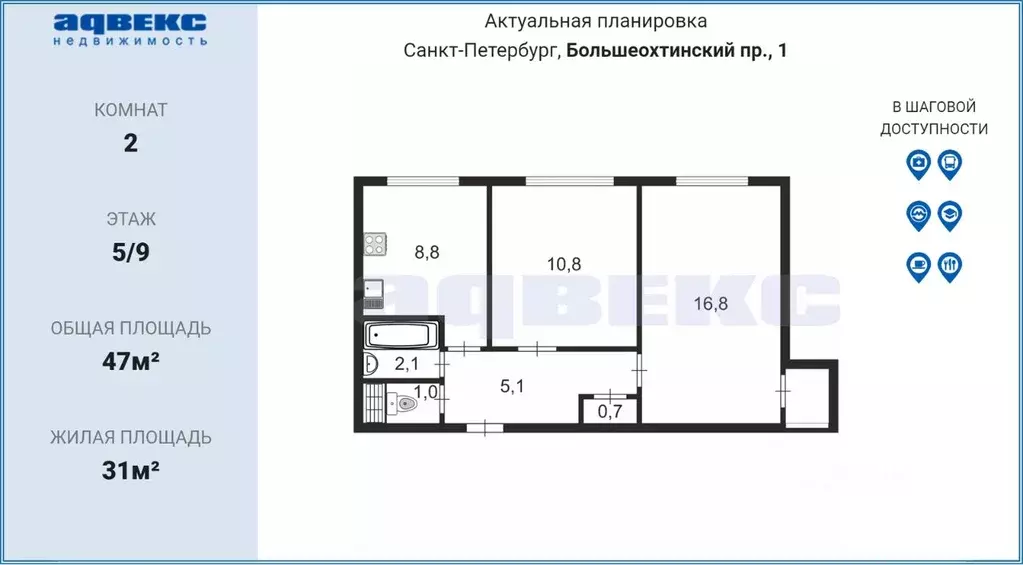 2-к кв. Санкт-Петербург Большеохтинский просп., 1К1 (47.0 м) - Фото 1