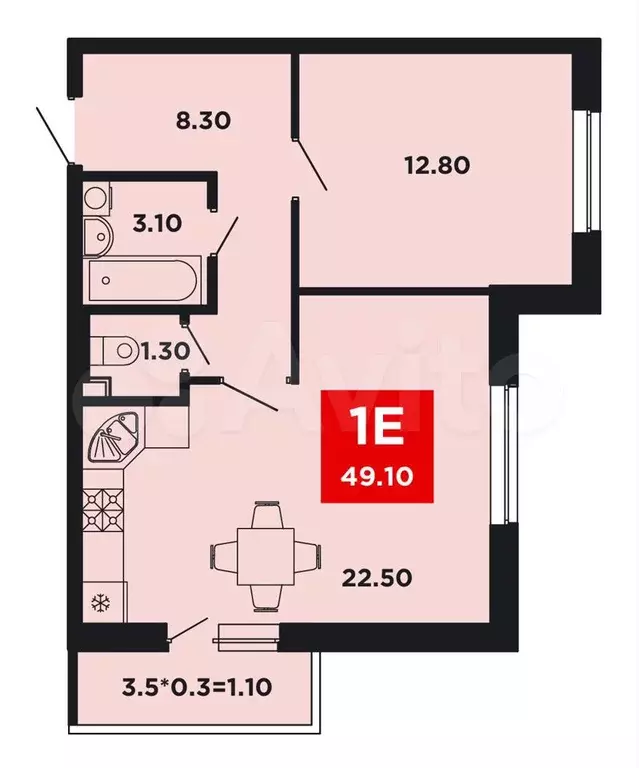 1-к. квартира, 49,1 м, 2/9 эт. - Фото 0