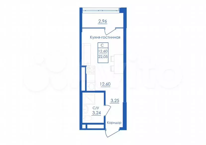 Квартира-студия, 22,1м, 7/25эт. - Фото 0