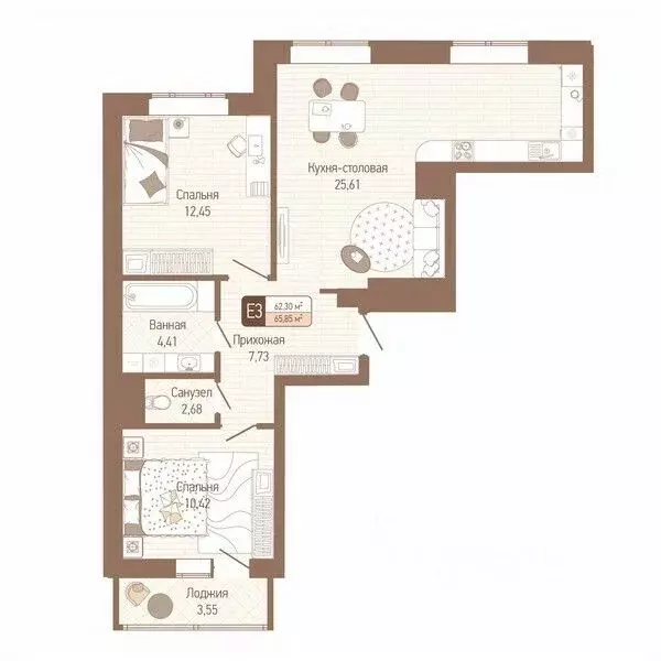 2-к кв. Тульская область, Тула Кулик жилой комплекс (64.08 м) - Фото 0
