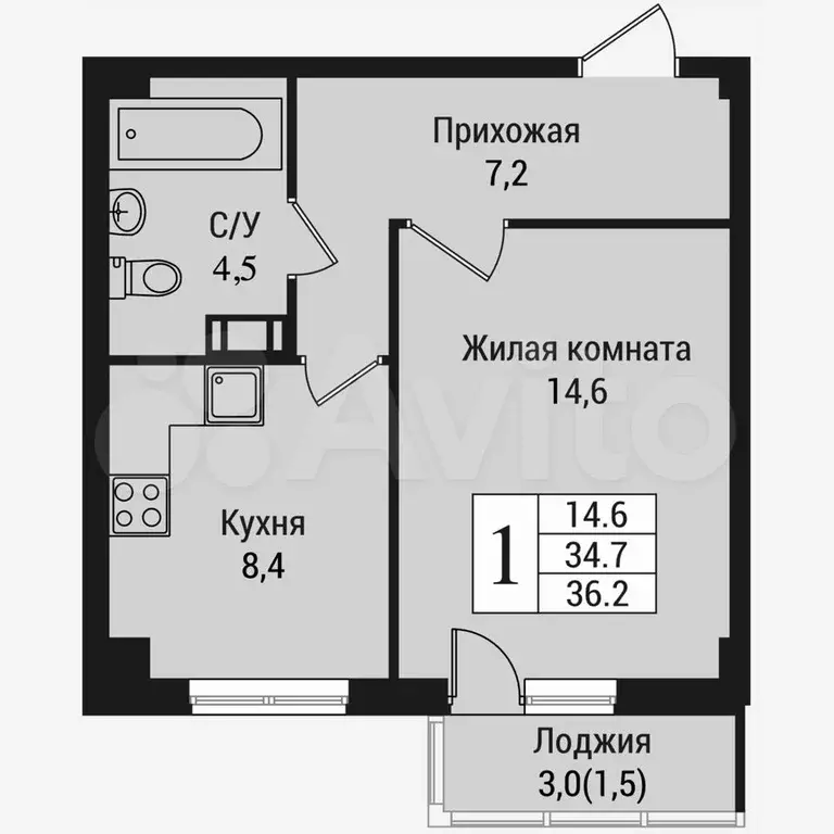 1-к. квартира, 37,4 м, 3/15 эт. - Фото 0