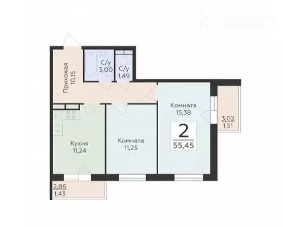 2-комнатная квартира: Воронеж, ЖК Домино (55.45 м) - Фото 0