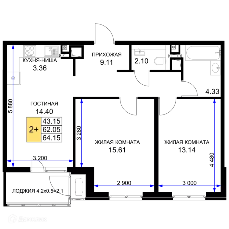 Продаётся 2-к квартира, 64.15 м - Фото 0
