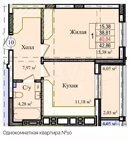 1-к. квартира, 44 м, 2/9 эт. - Фото 1